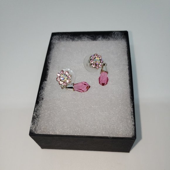 Pink/Clear Flower Dangle Drop Earrings - Picture 2 of 6